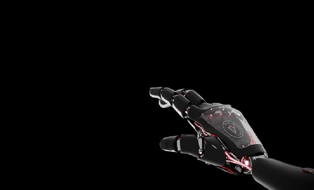 Red robot hand pointing finger on dark background 3D rendering